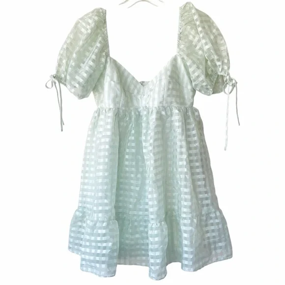 AMANDA UPRICHARD Mint Gingham Puff Sleeve Mini Dress - Size Large - Picture 3 of 9
